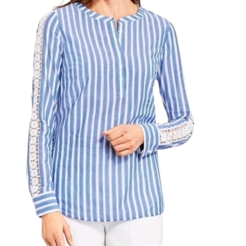 Talbots Blue and White Striped Top with Lace Sleeve Detail Plus Size 3XP PETITE